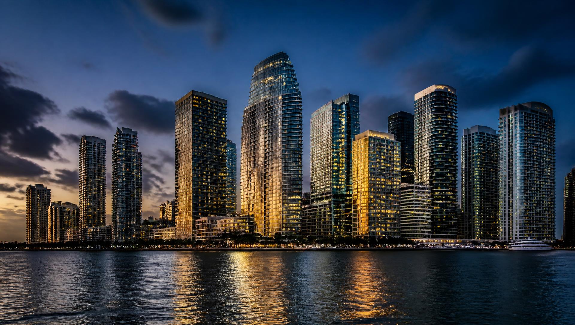 Miami Brickell financial district skyline at dusk over Biscayne Bay